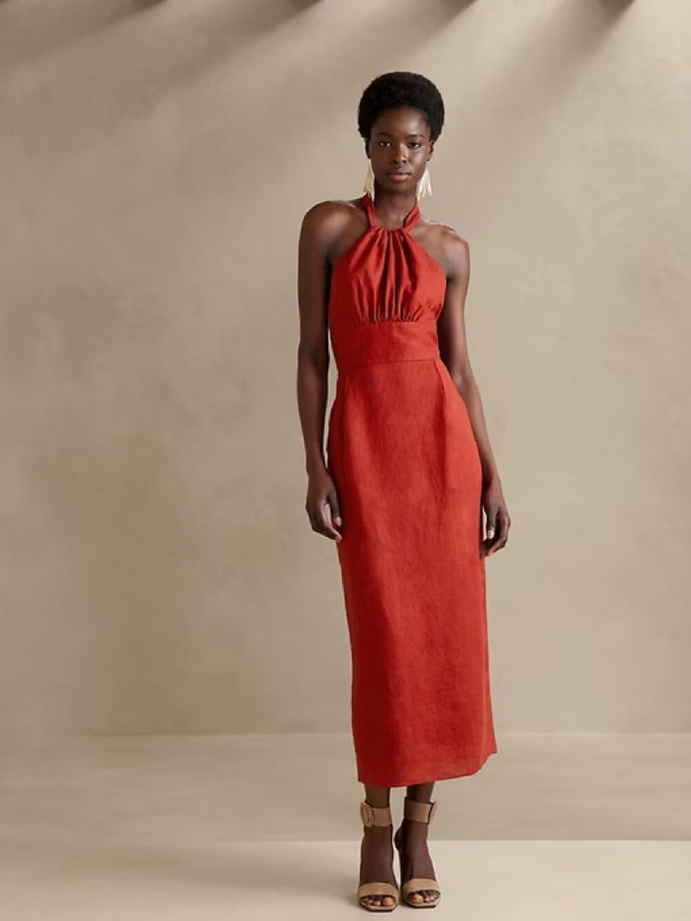 ❤️ Banana Republic Lisa Linen Halter Midi Dress Red Embers Size 14